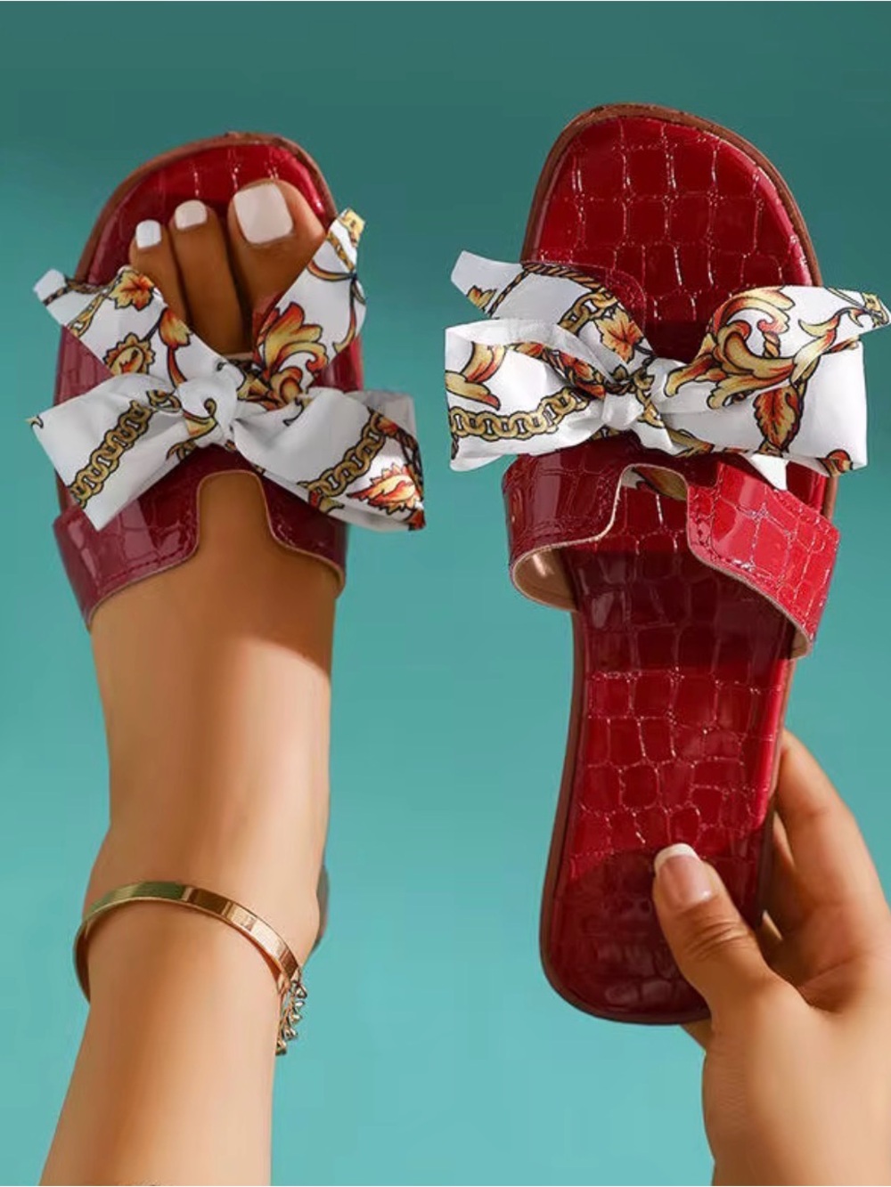 Red Bow-Accent Slide Sandals for Women
